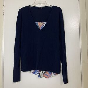 ecru Navy knit vneck silk floral detail back lightweight sweater top size medium